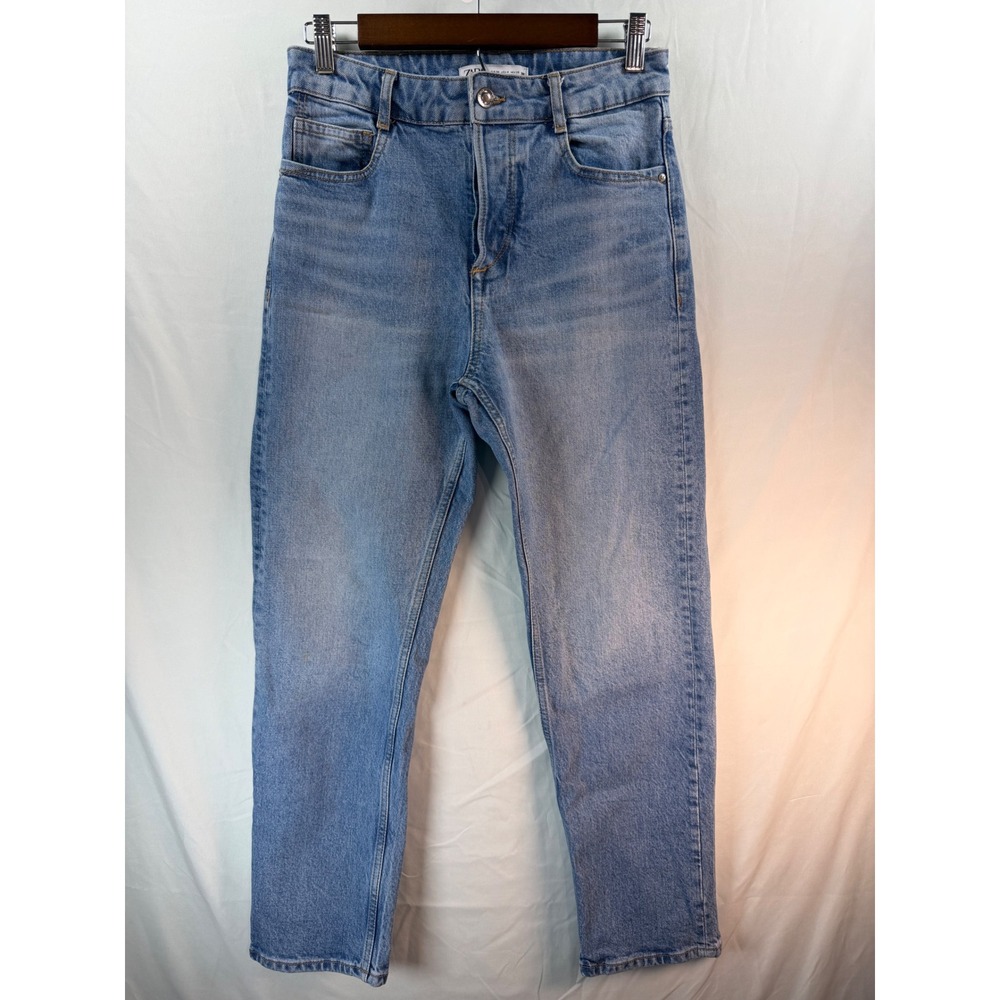 Zara Womens High Waisted Mom Jeans Light Wash Blue Button Fly Straight Leg Sz 4